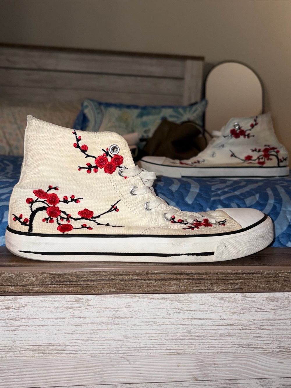 Converse White High-Top Sneakers with Red Japanese Cherry Blossoms Embroidery